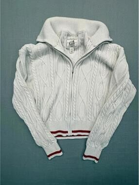 Roots Cabin White Cable Knit Zip-Up Sweater Women's  Medium